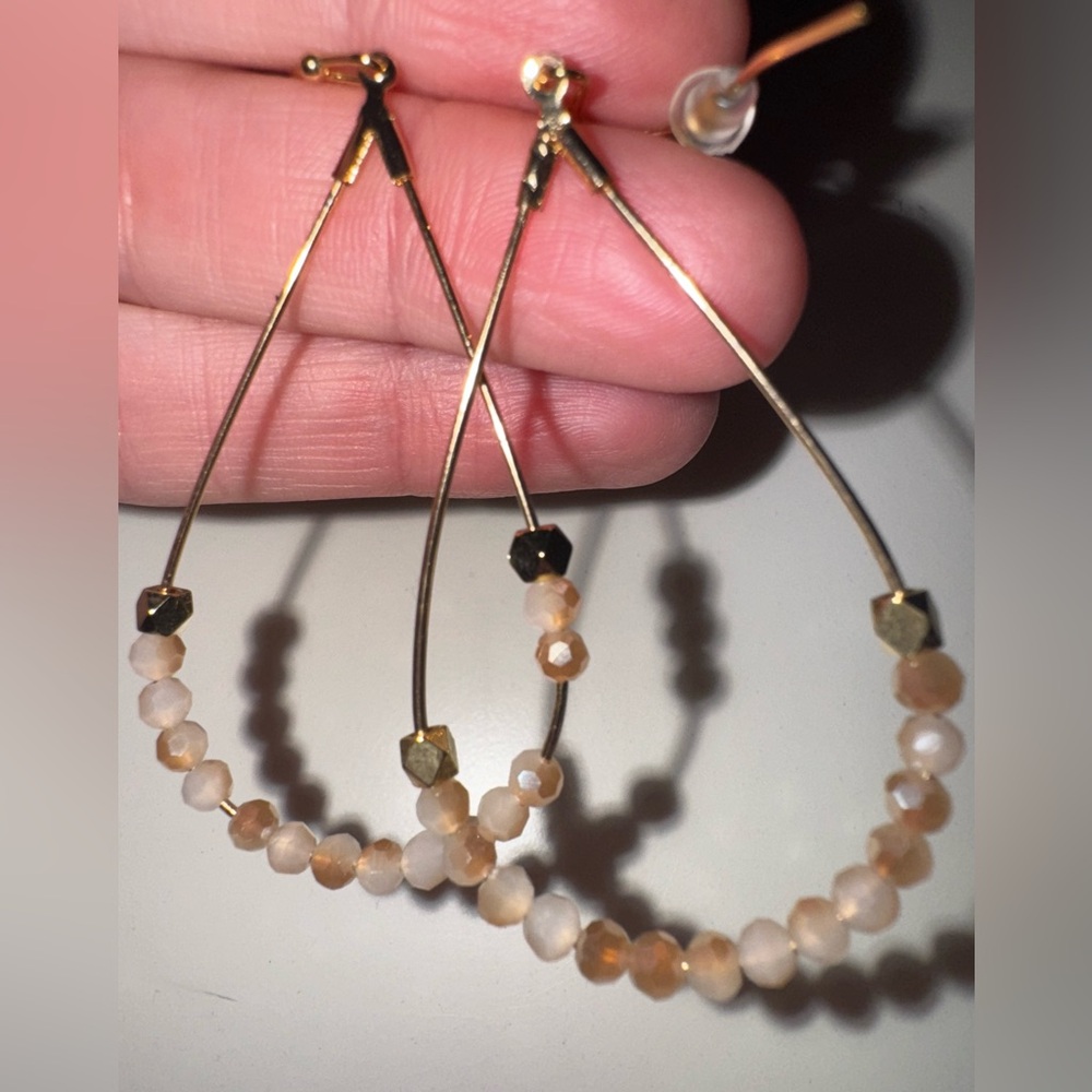 Gold Hoop Earrings with Beads and Teardrop Shape